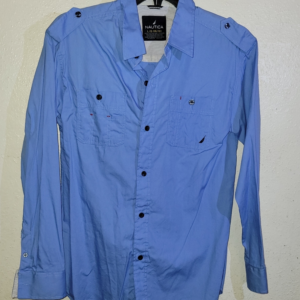 Nautica Boy's LARGE (14/16) Blue button down Long sleeve